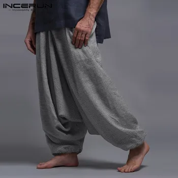 INCERUN Vyrų Dryžuotas Lašas Tarpkojo Kelnes Prarasti Streetwear Poilsiu Elastinga Juosmens Atsitiktinis 2021 Pločio Kojų Kelnės Kišenės Haremo Kelnės