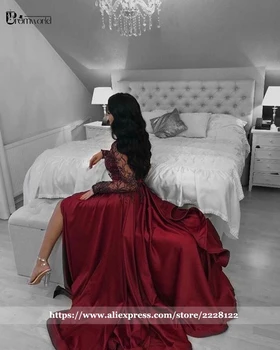 Tamsiai Raudona Plius Dydžio vakarinę Suknelę vestidos de fiesta Iliuzija ilgomis Rankovėmis Duobute Nėrinių Kojos Ritininės Vakare Chalatai Oficialią Suknelės