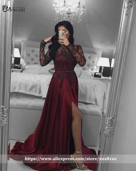 Tamsiai Raudona Plius Dydžio vakarinę Suknelę vestidos de fiesta Iliuzija ilgomis Rankovėmis Duobute Nėrinių Kojos Ritininės Vakare Chalatai Oficialią Suknelės