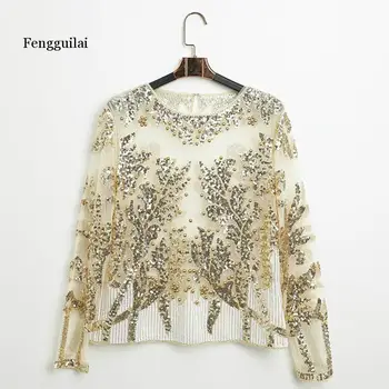 Fengguilai Seksualus Blizgučiais siuvinėjimo Rožių Gėlių Marškinėliai blizga Skaidrus gazas Sunkiųjų Duobute Palaidinukės