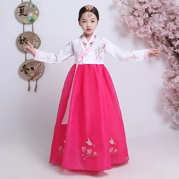 Vaiko korėjos Hanbok Siuvinėtu kostiumu Mergina Nacionalinės Šokio Spektaklis Suknelė Hanbok Derliaus Orientuotis Hanbok Cosplay Apranga
