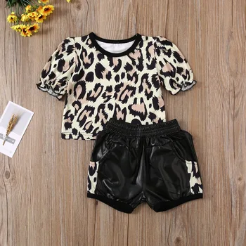 Pudcoco Naujausias Mados Bamblys Baby Girl Drabužiai Leopard Print T-Shirt Viršūnes PU Trumpas Kelnes 2vnt Komplektus Drabužių Vasaros
