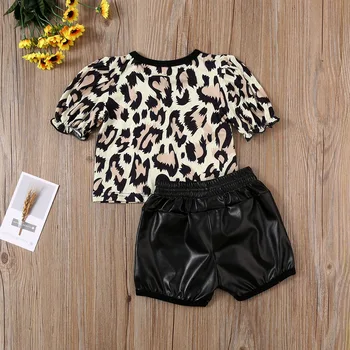 Pudcoco Naujausias Mados Bamblys Baby Girl Drabužiai Leopard Print T-Shirt Viršūnes PU Trumpas Kelnes 2vnt Komplektus Drabužių Vasaros