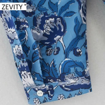 Zevity moterų derliaus gėlių spausdinti atsitiktinis mėlyna smock palaidinė lady stovėti apykakle ilgomis rankovėmis verslo marškiniai, elegantiškos chemise viršūnes LS7029