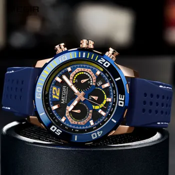 MEGIR Sporto Laikrodžiai Vyrams Prabanga Chronograph Kvarcas Laikrodžio Vyras Viršų Markės Mėlynos spalvos Silikoninis Laikrodis Reloj Relogio Šviesos Laikrodis