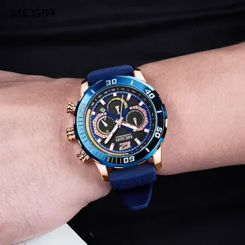 MEGIR Sporto Laikrodžiai Vyrams Prabanga Chronograph Kvarcas Laikrodžio Vyras Viršų Markės Mėlynos spalvos Silikoninis Laikrodis Reloj Relogio Šviesos Laikrodis