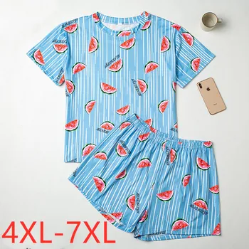Nauja merginų vasaros plius dydis pižama moterims trumpomis rankovėmis prarasti blue stripe marškinėliai ir šortai namuose dėvėti kostiumą, 4XL 5XL 6XL 7XL