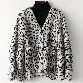 Žiemos Didelis Leopardas Spausdinti Vilna Kailiniai Laisvi Striukė Rudenį Storas Šiltas Outwear Kišenės Pliušinis V-Kaklo, Trumpas Outwear Mados Avių Kailis