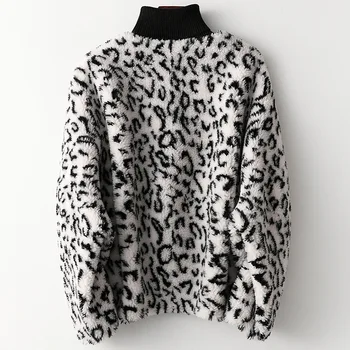 Žiemos Didelis Leopardas Spausdinti Vilna Kailiniai Laisvi Striukė Rudenį Storas Šiltas Outwear Kišenės Pliušinis V-Kaklo, Trumpas Outwear Mados Avių Kailis