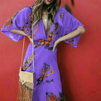Plius Dydis Moterų Wrap Vasaros Boho Gėlių Paisley Maxi Print Dress Lady Holiday Beach Suknelė