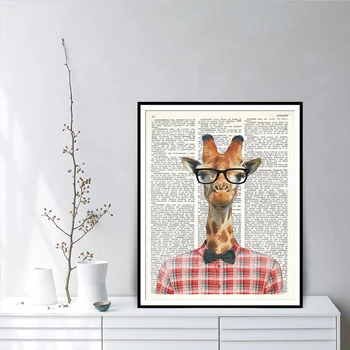 Žirafa Su Akiniais Žodynas Menas, Plakatų Ir grafikos Dėvėti Plaid Marškinėliai Žirafa Akvarelė Gyvūnų Paveikslai Tapyba