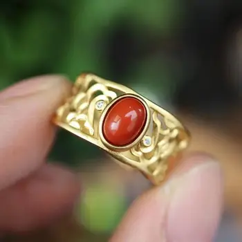 Gamtos Hetian Pietų Raudonas Turmalinas Tuščiaviduriai Geometrinis Žiedas Kinijos Retro Dizaineris Amatų Žavesio Moterų Prekės Sidabro Papuošalai