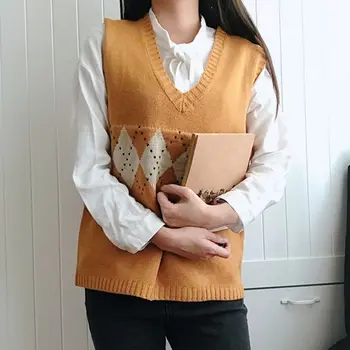 Muyogrt Moterų Megztinis Liemenė Rudenį 2020 Korėjos Stilius Derliaus Geometrinis Argyle V Kaklo, Rankovių Puloveriai, Megzti Megztiniai Moteris