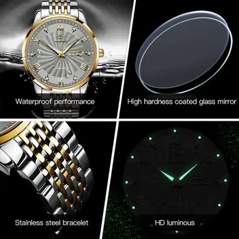 Vyriški laikrodžiai, prabangūs, verslo automatinė žiūrėti vijurkas vandeniui deimantų žiūrėti vyrams, mechaniniai laikrodžiai dienų mens 2021OLEVS
