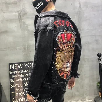 2020 Naujas Punk Stiliaus Romanas Liūtas Karalius Siuvinėjimo Kniedės Džinsinio Striukė Vyrams Kailis Plonas Medvilnės Džinsai Vyrų Hip-Hop High Street China