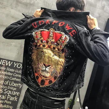 2020 Naujas Punk Stiliaus Romanas Liūtas Karalius Siuvinėjimo Kniedės Džinsinio Striukė Vyrams Kailis Plonas Medvilnės Džinsai Vyrų Hip-Hop High Street China