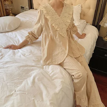 Pavasarį, Rudenį Medvilnės V-kaklo Megztinis Moterų Pižama Rinkiniai Saldus Moterų ilgomis Rankovėmis Kimono Pižamos Prarasti Sleepwear Kostiumai
