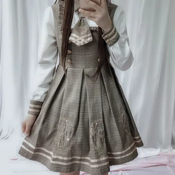 Japonijos harajuku Anglija stiliaus kolegijos saldus lolita dress polo apykakle siuvinėjimo viktorijos suknelė+bat apsiaustu kawaii girl nustatyti cos