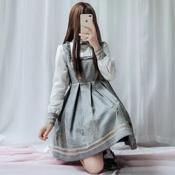 Japonijos harajuku Anglija stiliaus kolegijos saldus lolita dress polo apykakle siuvinėjimo viktorijos suknelė+bat apsiaustu kawaii girl nustatyti cos