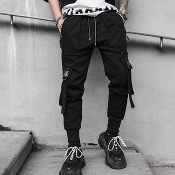 2019 m. Pavasarį Hip-Hop Poilsiu Vyrų Juodos Haremo Kelnės Multi-pocket Juostelės Vyras Sweatpants Streetwear Laisvalaikio Vyriškos Kelnės M-3XL