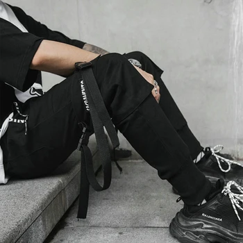 2019 m. Pavasarį Hip-Hop Poilsiu Vyrų Juodos Haremo Kelnės Multi-pocket Juostelės Vyras Sweatpants Streetwear Laisvalaikio Vyriškos Kelnės M-3XL