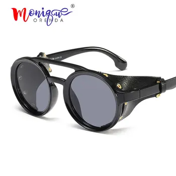 2019 Derliaus punk akiniai nuo saulės vyrams, prekės dizainas ruda juoda apvali pusės odos saulės akiniai moterims prabanga unikalus UV400 akiniai