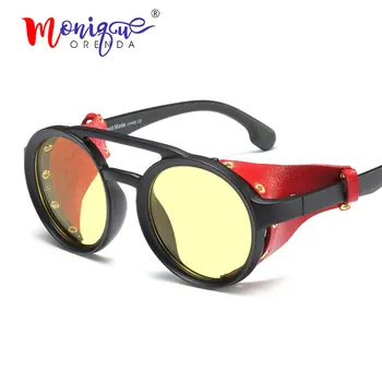 2019 Derliaus punk akiniai nuo saulės vyrams, prekės dizainas ruda juoda apvali pusės odos saulės akiniai moterims prabanga unikalus UV400 akiniai