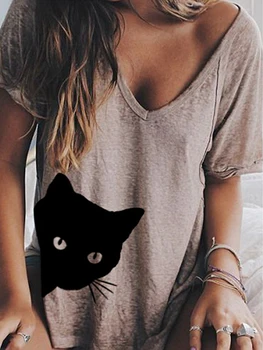 Marškinėlius atsitiktinis vasaros kačiukas, print T shirts 2020 Naujas moterų animacinių filmų atsitiktinis marškinėliai lady trumpomis rankovėmis viršūnės V-Kaklo, trišakiai marškinėliai