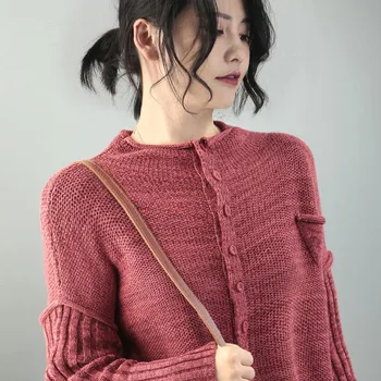 2020 Naujų Rudens Korėja Mada Moterims ilgomis Rankovėmis Vieną Krūtinėmis Medvilnės Megzti Megztinis Kailis O-kaklo Prarasti Laisvalaikio Megztiniai M493