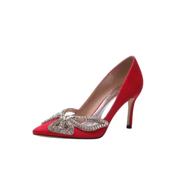 2020 naują pavasario nurodė moterų aukšto obcasie batų lankas kalnų krištolas vakarienė stiletto batai raudoni vestuviniai bateliai