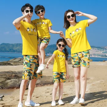 Šeimos derinti Drabužius 2020 Metų Vasaros Tėtis, Sūnus, Mama, Dukra Medvilnės Geltona T-shirt+Kamufliažinės Kelnės 2 Vnt Atitikimo Pora Komplektai