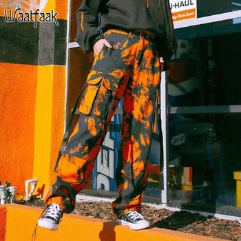 Waatfaak Prarasti Camo Krovinių Kelnės Kišenės Streetwear Orange Hip-Hop Sweatpants Kaklaraištis Dažų Harajuku Fitneso Capris Kelnės Korėjos