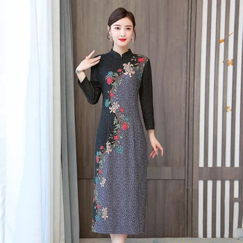 JiuMeiDai Moterų Senovinių Kinų Stiliaus Suknelė Lady Elegantiškas Gėlių Megztos Ilgos Suknelės Moterų Stovėti Apykaklės Retro Šalies Cheongsam