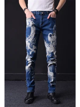Vyrai džinsai, kelnės slim fit mados dragon spausdinti džinsai Vyrų spalvotas piešimo, tapybos slim džinsinio audinio kelnės Elastingos juodos ilgos kelnės