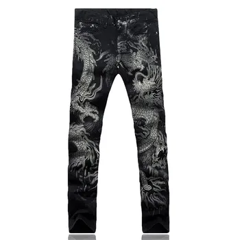 Vyrai džinsai, kelnės slim fit mados dragon spausdinti džinsai Vyrų spalvotas piešimo, tapybos slim džinsinio audinio kelnės Elastingos juodos ilgos kelnės