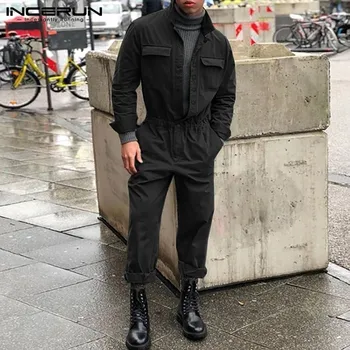 Stilingas Vyrų Jumpsuit ilgomis Rankovėmis Kietas Kišenės Mygtuką Krovinių darbo drabužiai 2021 Streetwear Punk Style Mens Rompers Kelnes INCERUN S-5XL