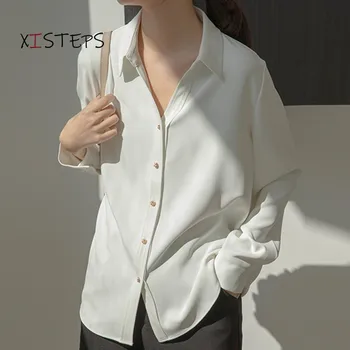 Aukštos Kokybės V-kaklo, Moterims, Baltos spalvos Marškinėliai Office Lady Darbo Drabužiai Palaidinės Metalo Mygtuką ilgomis Rankovėmis Retro Drabužių 2021 Ponios Viršūnės