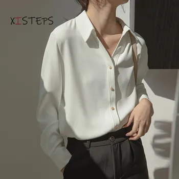 Aukštos Kokybės V-kaklo, Moterims, Baltos spalvos Marškinėliai Office Lady Darbo Drabužiai Palaidinės Metalo Mygtuką ilgomis Rankovėmis Retro Drabužių 2021 Ponios Viršūnės