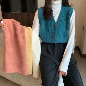 Megztinis Rudenį ir žiemą 2020 naujų korėjos versija V-kaklo, trumpas megztas megztinis be rankovių megztinis liemenė moterims