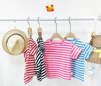 Vaikų drabužiai dryžuotas trumparankoviai atsitiktinis marškinėliai 2020 metų vasaros kūdikiu viršūnes laukinių dugno marškinėliai WT63