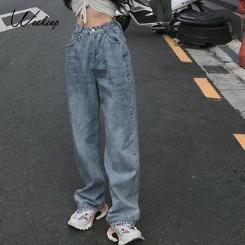 Weekeep Mados Gatvės Stiliaus Korėjos Aukšto Juosmens Džinsai Moterims Streetwear Tiesiai Jean Femme Mėlyna Užtrauktukas Medvilnės Prarasti Krovinių Kelnės