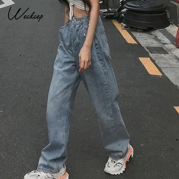 Weekeep Mados Gatvės Stiliaus Korėjos Aukšto Juosmens Džinsai Moterims Streetwear Tiesiai Jean Femme Mėlyna Užtrauktukas Medvilnės Prarasti Krovinių Kelnės