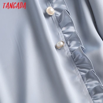 Tangada Moteris Aukštos Kokybės Perlų Mygtukai Mėlyna Satino Marškinėliai ilgomis Rankovėmis Elegantiškas Ruffles Office Ponios Viršūnes 5S9