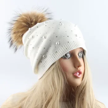 šiltos žiemos skrybėlės moterims pearl kalnų krištolas skullies beanies vilnos megztus skrybėlę moterų žieminė kepurė tikro kailio pompom skrybėlę