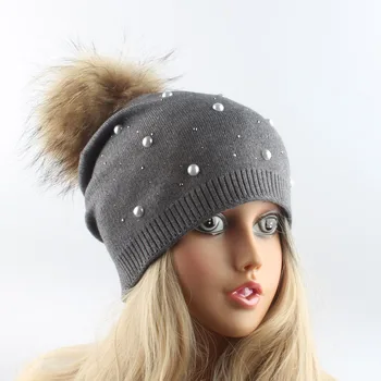 šiltos žiemos skrybėlės moterims pearl kalnų krištolas skullies beanies vilnos megztus skrybėlę moterų žieminė kepurė tikro kailio pompom skrybėlę