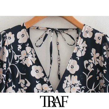 TRAF Moterų Elegantiškos Mados Gėlių Spausdinti Klostuotas Mini Suknelė Vintage Backless Sluoksniuotos Rankovėmis Moterų Suknelės, Vestidos Mujer