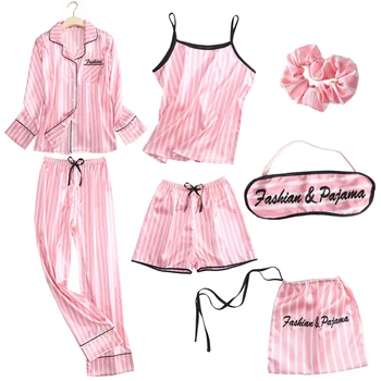 7 Gabalus Pižama Rinkiniai Dirbtiniais Šilko Pyjama Pižamą Ilgomis Rankovėmis Moterims Sleepwear Rinkiniai Cami Pjs Su Marškinius Ir Akių Kaukė Homewear