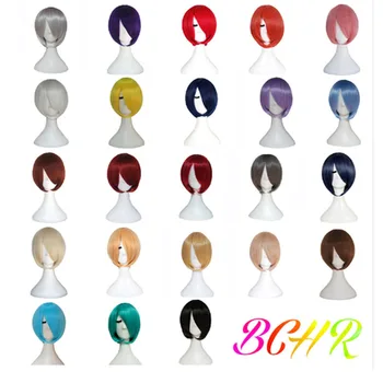 BCHR Cosplay Perukai Moterims Raudona Geltona Mėlyna Šviesūs Trumpas Bob Perukai Su Kirpčiukais Tiesiai Sintetinis Perukas Kostiumas Plaukų