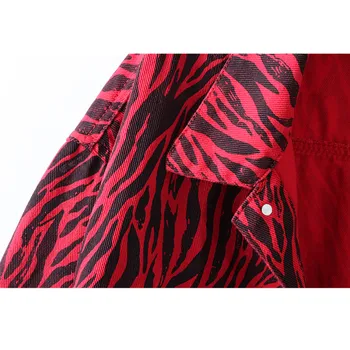 Rudens Mados Red Leopard Džinsinio Audinio Striukės Moterims Viršutiniai Drabužiai Mujer Chaquetas Moterų Korėjos Negabaritinių Prarasti Trumpas Džinsai Striukė Kailis