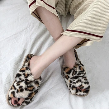 Lady Leopardas Spausdinti Priešslydžio Sistema Šlepetės Žiemą Šilta Medvilnė Batai Šlepetės Šiltos Žiemos Šeimos Shoes